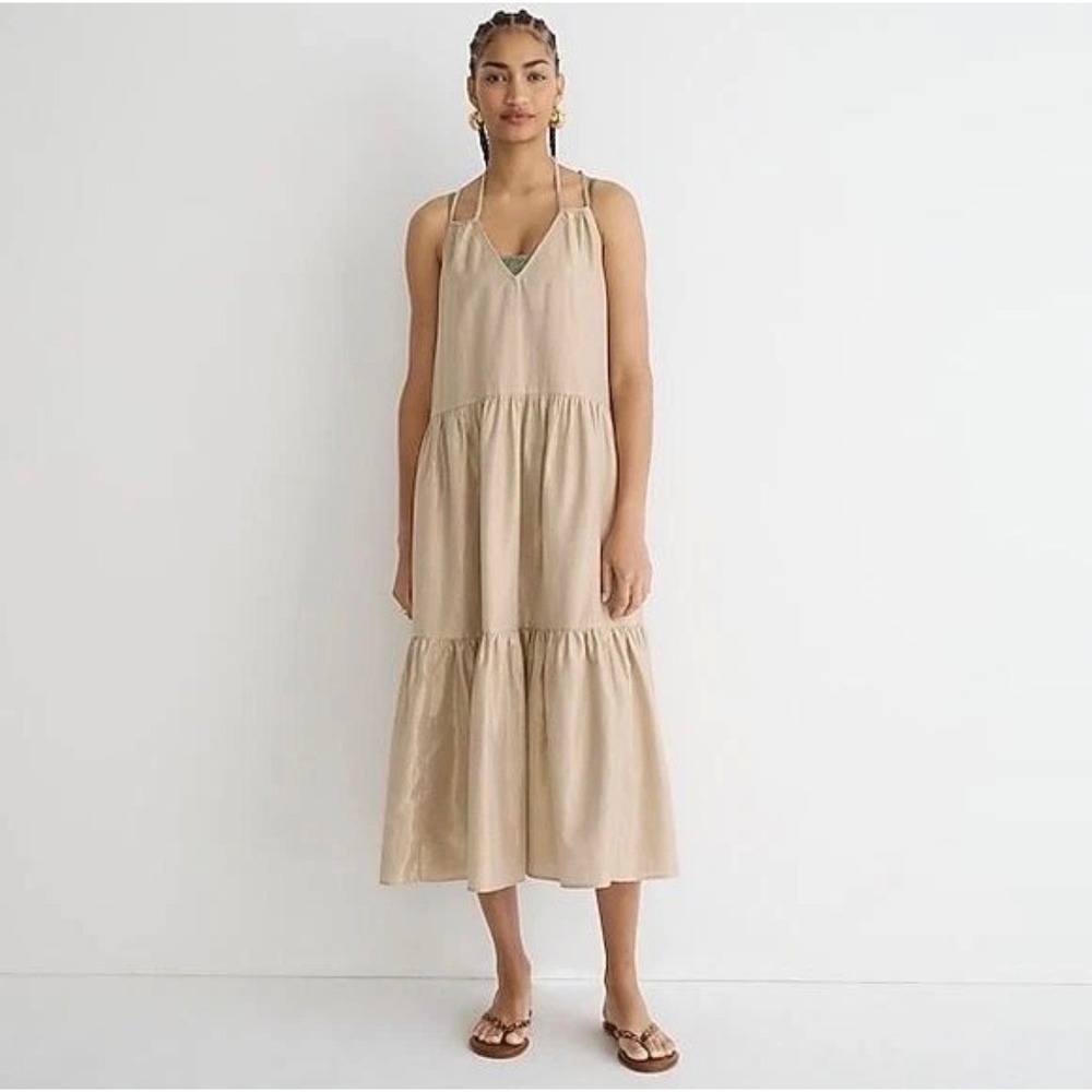 J.Crew Metallic Halter Midi Dress Womens XS Gold Tiered Crossback Boho‎ Glam